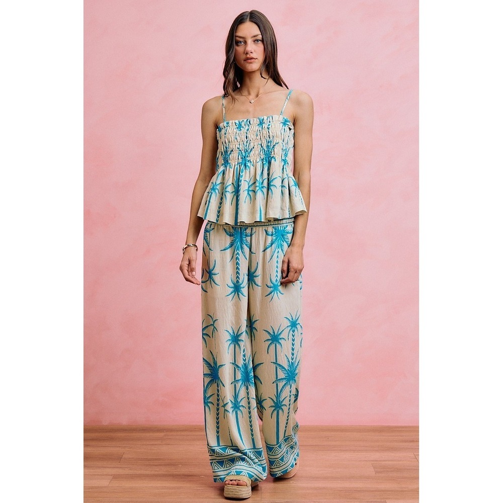 SO ME Palm Tree Smocked Bodice Adjustable Cami Top - Blue - Medium - Picture 9 of 16